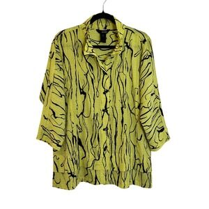 Ali Miles Textured Tunic‎ Top Size L Chartreuse Green Black Abstract Print Artsy